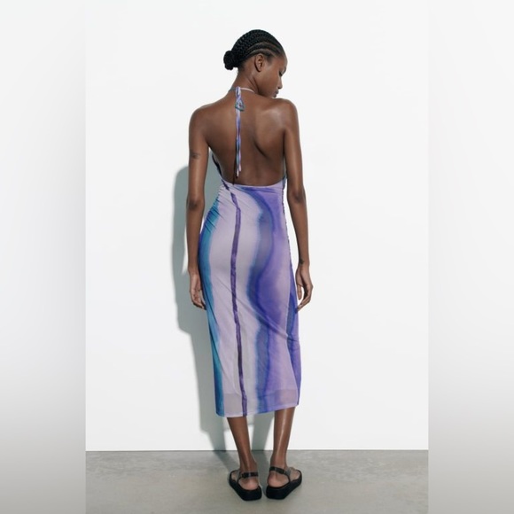 Zara Printed Tulle Mesh Halter Top Open Back Bodycon Midi Dress - Picture 7 of 15